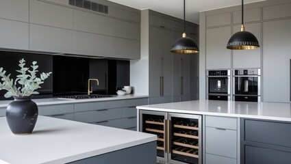 Modern kitchen interior with gray cabinets white countertops and pendant lights