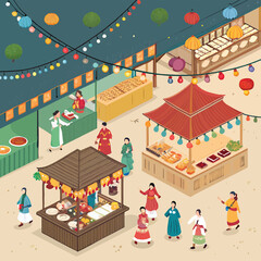 Isometric cultural festival with lanterns, food stalls, dancers, and traditional costumes