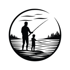Silhouette of Man and Child Fishing in Lake Surrounded by Trees in Circular