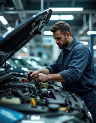 Caucasian male mechanic working on car engine in auto repair shop