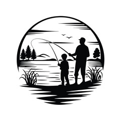 Father & Son Silhouette Fishing by Lake with Mountain & Birds in Black & White Art
