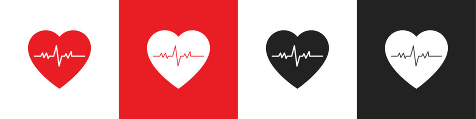 Red heart with white pulse line on white background. Heart pulse, heartbeat lone, cardiogram. Healthy lifestyle, cardiac assistance, pulse beat measure, medical healthcare concept. 3d vector icon. 