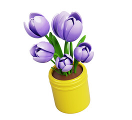 3d flower bouquet in pot. Spring purple tulips, cute house plant in yellow flowerpot for gift or home interior decor. Floral bunch with green leaf and blossom, cartoon render icon