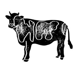 Cow, bull, beef. Vintage retro print, black white cow, bull, beef sketch ink pencil drawing, engrave old school. Sketch artwork silhouette cow bull. Side view profile beef bull. Vector Illustration