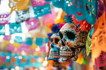 Colorful skeleton figure with floral decorations and hat celebrating Mexican Day of the Dead at Cinco de Mayo festival, generative ai