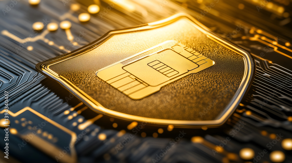 Poster a golden shield featuring a sim card, set against a backdrop of interconnected circuits, symbolizing