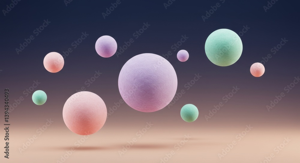 Poster floating pastel spheres abstract 3d render: a serene composition of soft colors and gentle forms