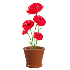 Red poppy in flower pot 3d render icon. Wildflower bouquet in flowerpot or vase for garden or home interior decor. Decorative house plant, floral bunch with green leaf and blossom