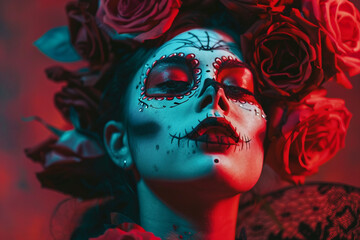 Closeup of woman with traditional Catrina makeup for Mexican Day of the Dead, cinco de mayo holiday celebration, generative ai