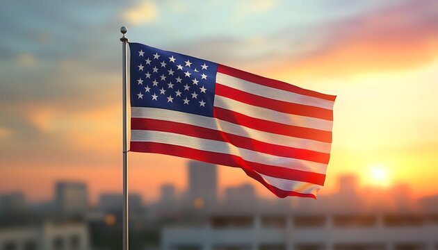 American flag waving proudly in the wind at sunset with blurred cityscape. Symbolizes patriotism, freedom, and democracy. Perfect for holidays like fourth july