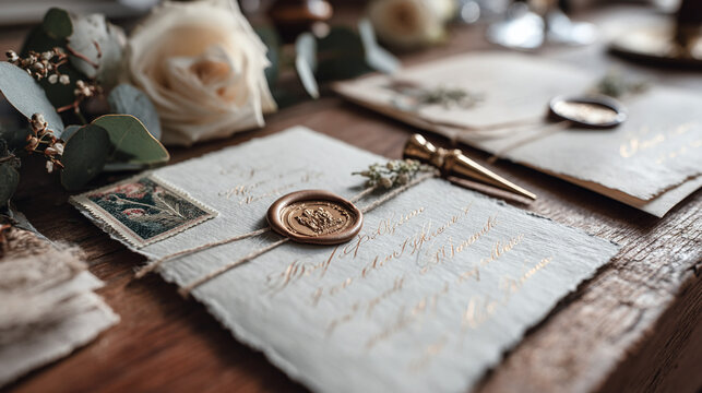 Invitaci&oacute;n de boda artesanal con sello de cera dorado, caligraf&iacute;a elegante y decoraci&oacute;n floral sobre mesa de madera r&uacute;stica

