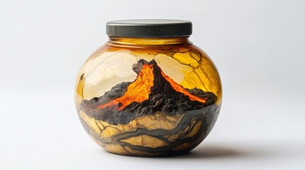 Artwork features a volcano inside a glass jar with vibrant colors and dramatic details representing an erupting landscape