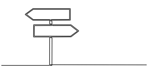 Obraz premium One Continuous line drawing of Road direction signpost arrows to the right and left and plate, Road Sign Single Line Icon, Road direction sign arrows isolated on white background.