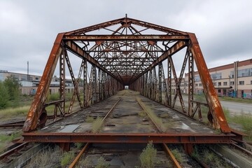 A decayed industrial bridge, its metal framework covered in rust, looming over an abandoned railway yard.