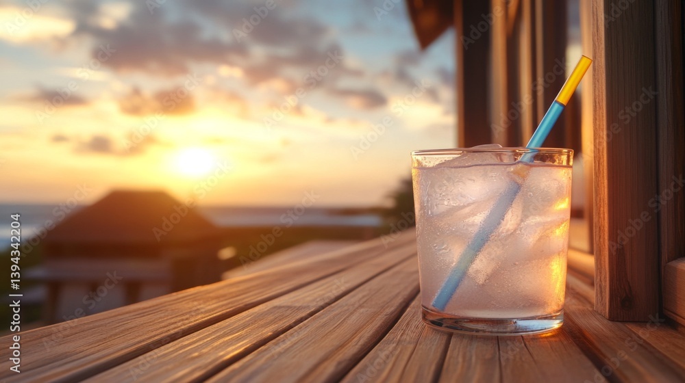 Poster An inviting glass of lemonade with ice and a colorful straw, sitting on a wooden porch with a view of the sunset, creating a tranquil evening ambiance.
