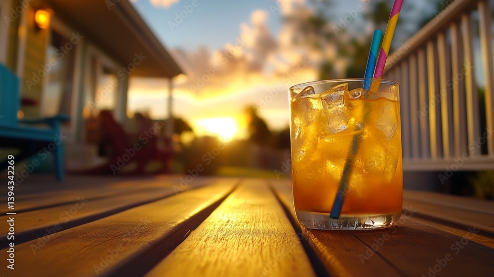 Poster an inviting glass of lemonade with ice and a colorful straw, sitting on a wooden porch with a view o