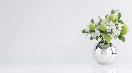 Elegant, minimalist arrangement of white flowers and lime-green fruits in a round, silver vase