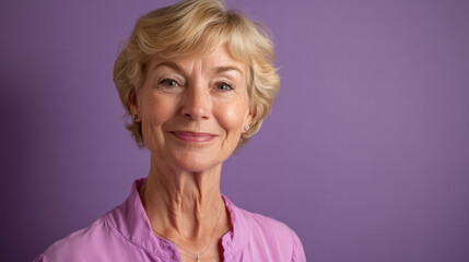 Smiling Senior Woman Portrait: A friendly, mature woman with short blonde hair smiles warmly against a soft purple backdrop. Her expression conveys confidence and serenity.