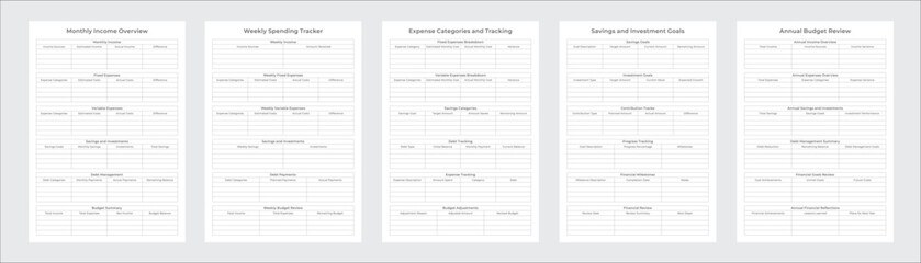Obraz premium Budget Planner Pages and Planner Sheets Design Template for daily, weekly, monthly and annually Budget organizing routines and personal goals Set of 5 Pages