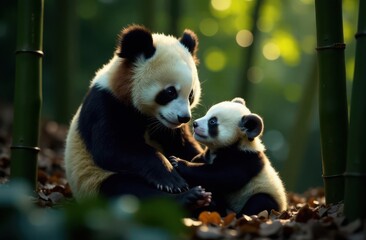 Fototapeta premium Mother panda with cub in shaded bamboo grove