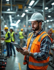 Hispanic male engineer using tablet in industrial factory with diverse team