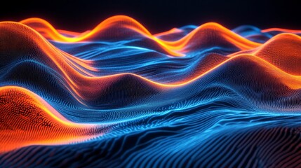 Abstract Blue and Orange Digital Landscape with Glowing Waves