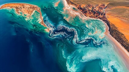 Aerial view of vibrant blue waters and sandy shores along a coastal region at sunset - Powered by Adobe