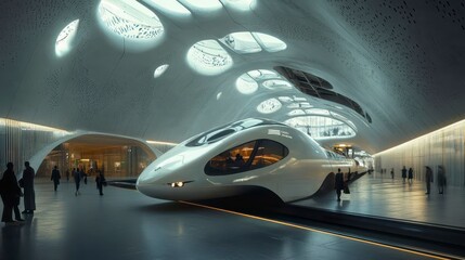 Fototapeta premium Futuristic Train Station with Streamlined Train and Modern Architecture