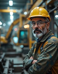 Mature caucasian male engineer in construction site with hard hat and safety gear
