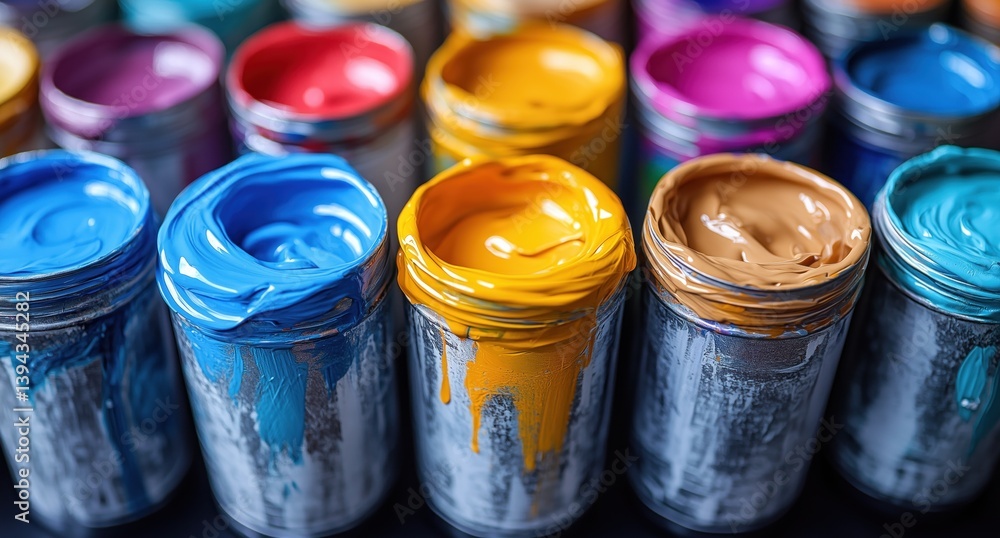 Poster a collection of open paint jars in different vibrant colors is arranged neatly on a table. the paint