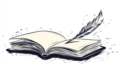 Open book with feather pen, vintage illustration