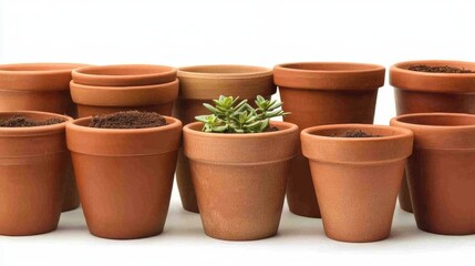 A collection of terracotta pots, some empty and others filled with soil, showcasing a small succulent in the center, Ideal for gardening projects, home decor, or plant care guides,