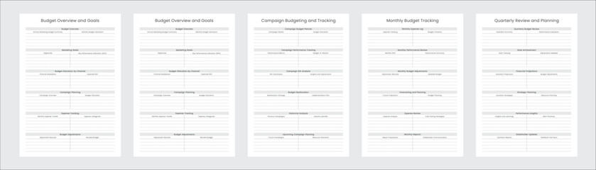 Fototapeta premium Budget Planner Pages and Planner Sheets Design Template for daily, weekly, monthly and annually Budget organizing routines and personal goals Set of 5 Pages