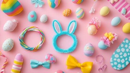 Fototapeta premium Colorful Easter Decorations and Accessories on Pink Background