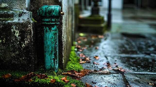 Rustic Teal Pipe with Moss and Autumn Leaves on Wet Stone Wall