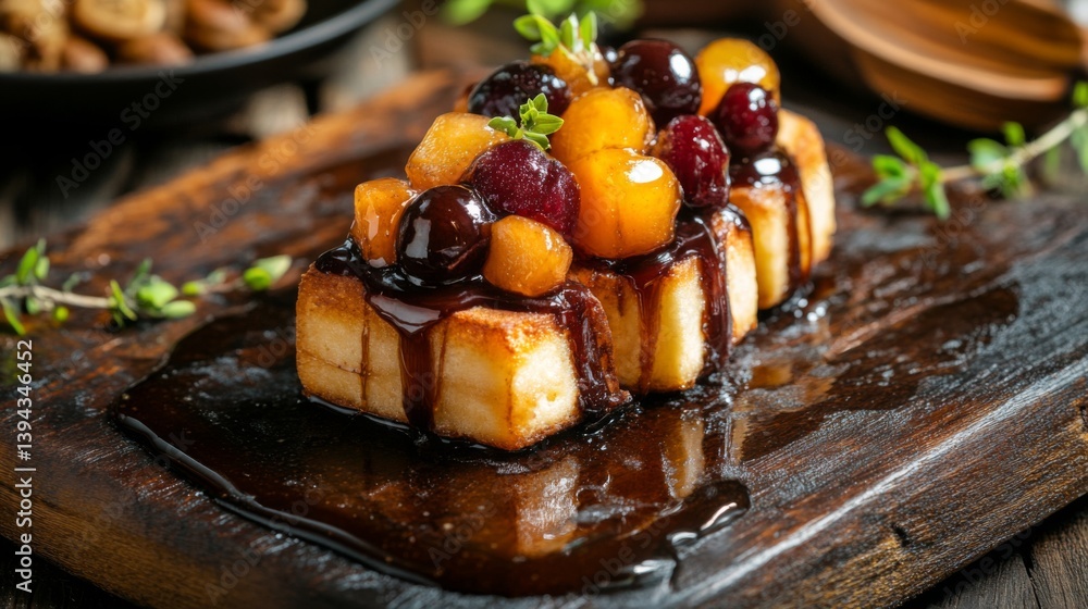 Poster a beautifully arranged serving of honey toast with chocolate sauce and caramelized fruit toppings, s