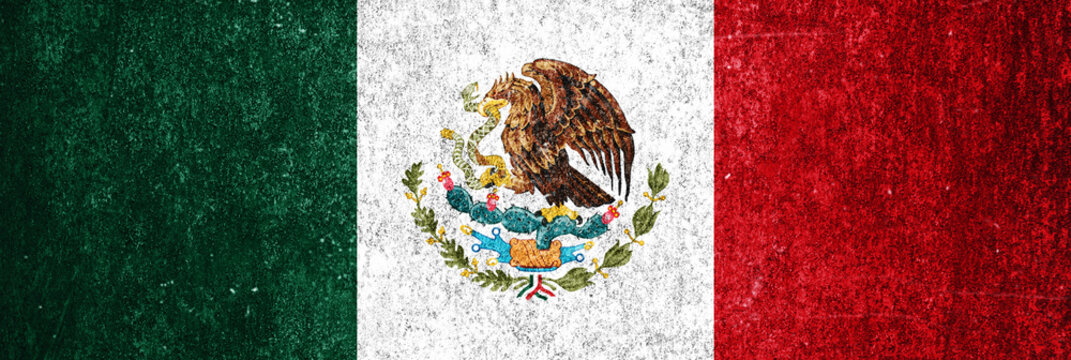 Mexico state flag on a metal surface. Banner of dirty grunge Mexico flag.