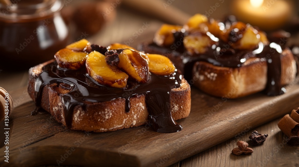 Poster a beautifully arranged serving of honey toast with chocolate sauce and caramelized fruit toppings, s
