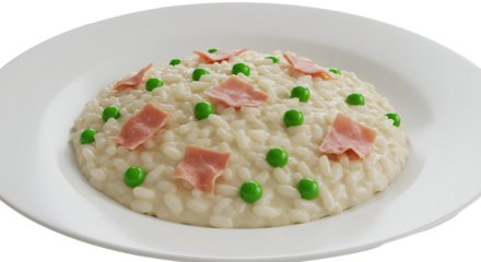 Creamy risotto with peas and bacon topped with vibrant green peas and crispy bits