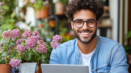 A young man with curly dark hair and glasses smiles at the camera while working on his laptop outdoors, surrounded by colorful flowers in pots under bright sunlight
