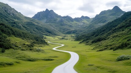 Winding road through a lush valley nestled between majestic mountains