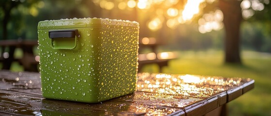 Lime green cooler chilling on wooden picnic table in summer park
