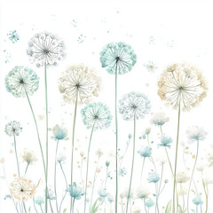 Obraz premium illustration of Allium Flowers, summer flowers, soft watercolor tones, white background, detailed illustration, cartoonish.