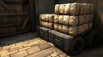 A stack of burlap-wrapped bundles is placed on top of sturdy black boxes, set against a rustic wooden backdrop, This image can be utilized for themes like storage, transportation, or logistics,