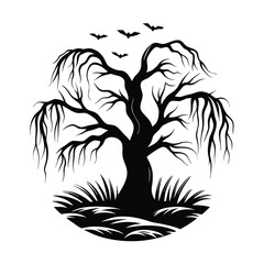 Silhouette of Deciduous Weeping Tree with Bats and Grass on a White Background