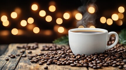 Obraz premium Aromatic coffee in white cup on wooden surface with holiday lights