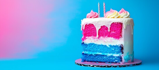 A colorful multi layered cake with decorative frosting and candles