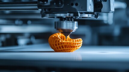 3D Printer Creating Orange Model with Precision in Modern Studio