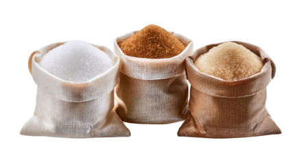 Packaged white and brown sugar bags, isolated on transparent background.