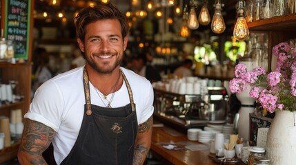 Bright and inviting coffee shop features a smiling barista wearing an apron. warm atmosphere is enhanced by decorative flowers and hanging lights, creating a welcoming environment for guests
